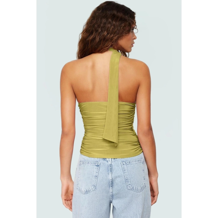 Polyester Elastan Bluz Bağlamalı Asimetrik Yaka Kolsuz Fitted Kalıp Yazlık