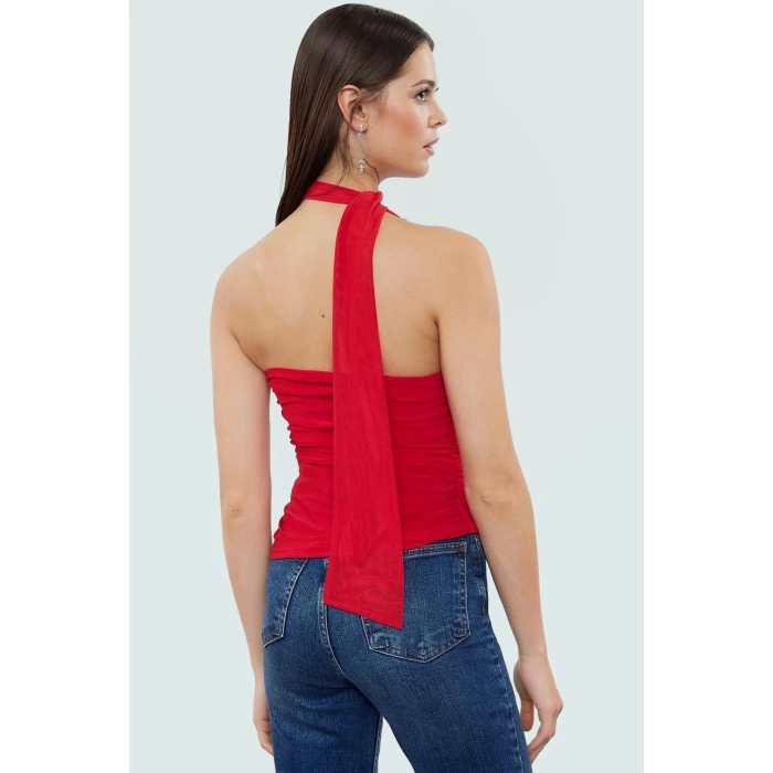 Polyester Elastan Bluz Bağlamalı Asimetrik Yaka Kolsuz Fitted Kalıp Yazlık