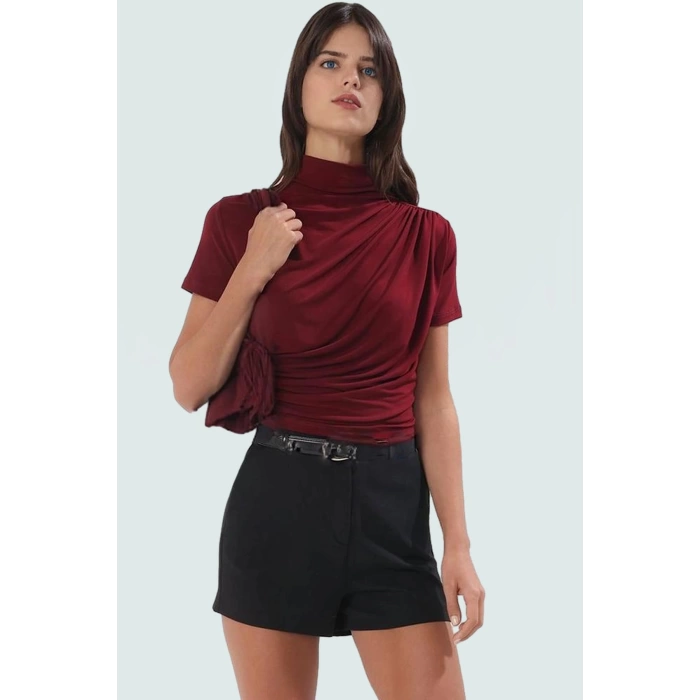 Polyester Elastan Örme Bluz Dik Yaka Fitted Kısa Kollu Yazlık Yüksek Kalite Rahat Kullanım