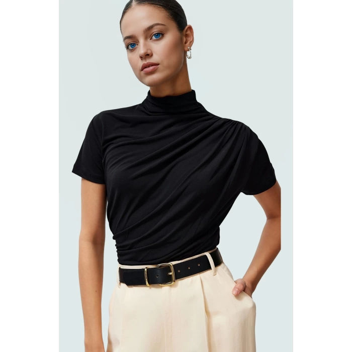 Polyester Elastan Örme Bluz Dik Yaka Fitted Kısa Kollu Yazlık Yüksek Kalite Rahat Kullanım