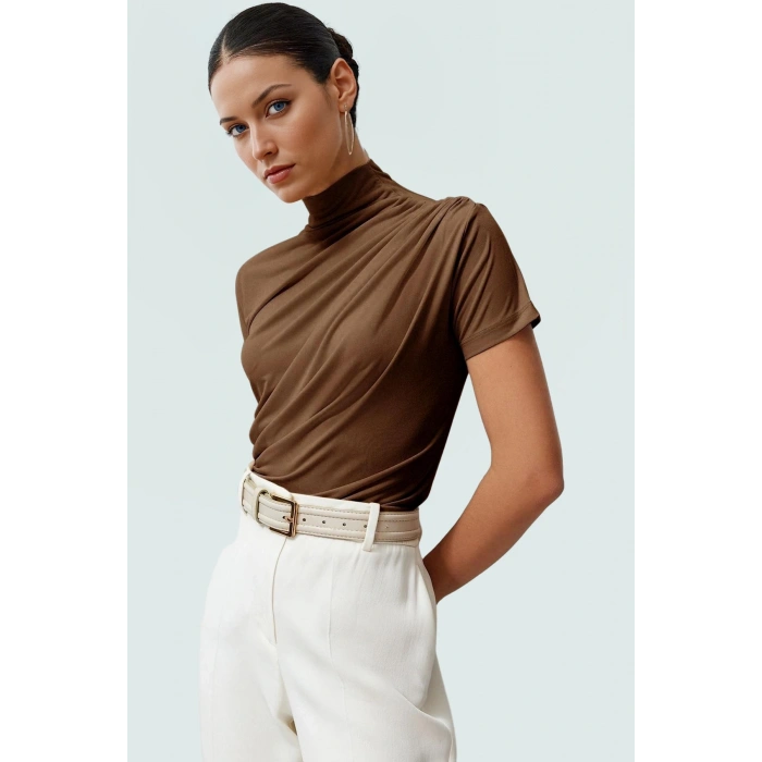 Polyester Elastan Örme Bluz Dik Yaka Fitted Kısa Kollu Yazlık Yüksek Kalite Rahat Kullanım