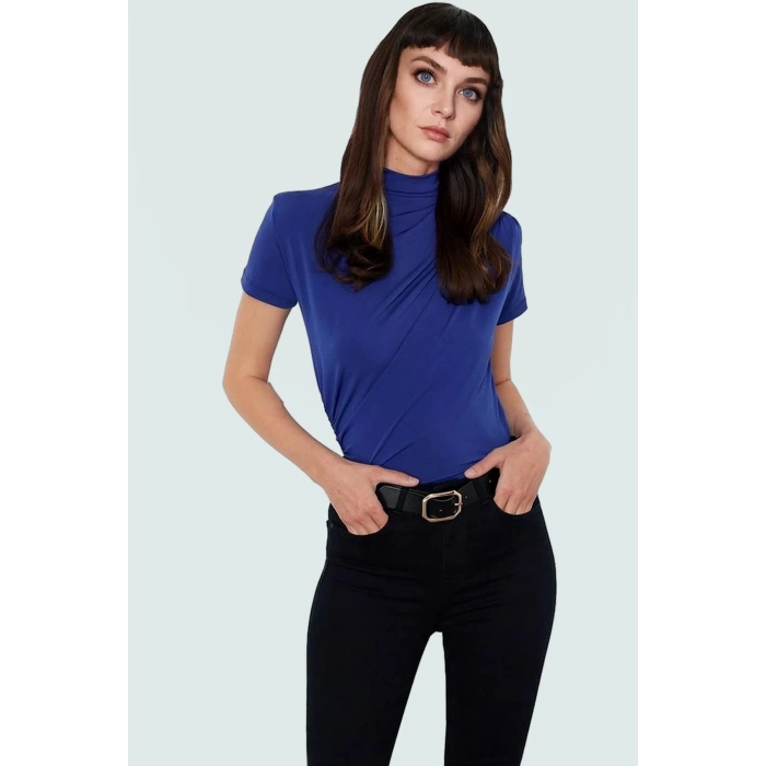 Polyester Elastan Örme Bluz Dik Yaka Fitted Kısa Kollu Yazlık Yüksek Kalite Rahat Kullanım