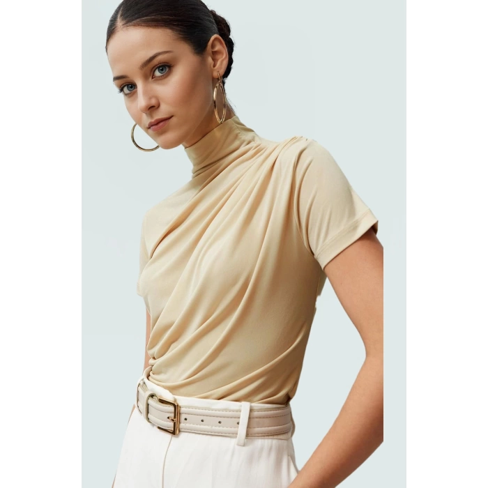 Polyester Elastan Örme Bluz Dik Yaka Fitted Kısa Kollu Yazlık Yüksek Kalite Rahat Kullanım