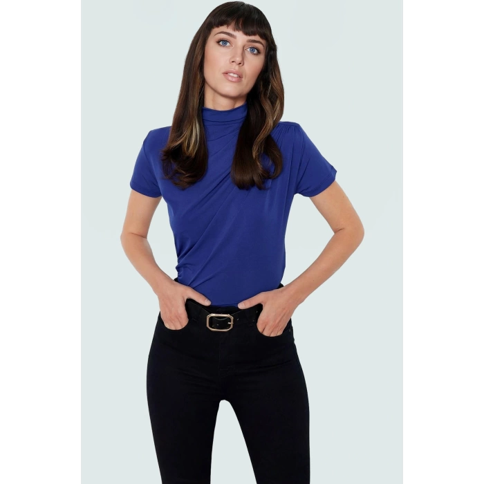 Polyester Elastan Örme Bluz Dik Yaka Fitted Kısa Kollu Yazlık Yüksek Kalite Rahat Kullanım