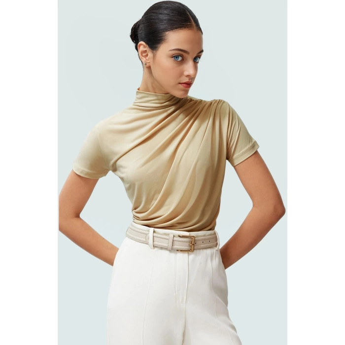 Polyester Elastan Örme Bluz Dik Yaka Fitted Kısa Kollu Yazlık Yüksek Kalite Rahat Kullanım