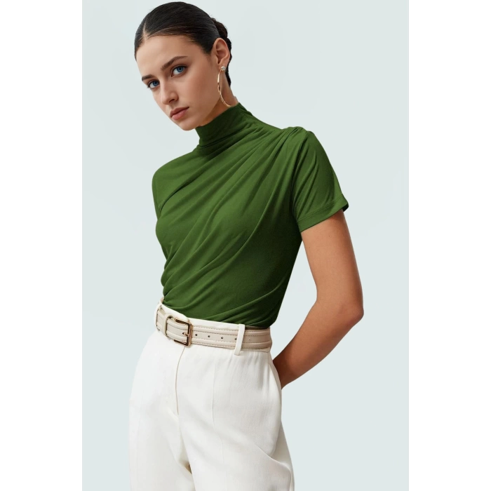 Polyester Elastan Örme Bluz Dik Yaka Fitted Kısa Kollu Yazlık Yüksek Kalite Rahat Kullanım