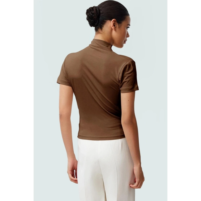 Polyester Elastan Örme Bluz Dik Yaka Fitted Kısa Kollu Yazlık Yüksek Kalite Rahat Kullanım
