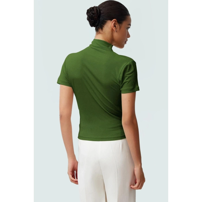 Polyester Elastan Örme Bluz Dik Yaka Fitted Kısa Kollu Yazlık Yüksek Kalite Rahat Kullanım