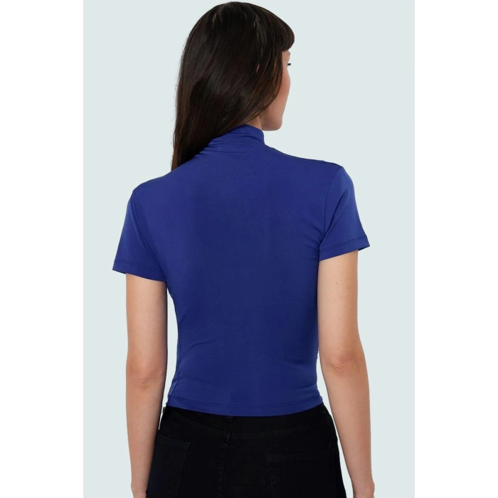Polyester Elastan Örme Bluz Dik Yaka Fitted Kısa Kollu Yazlık Yüksek Kalite Rahat Kullanım