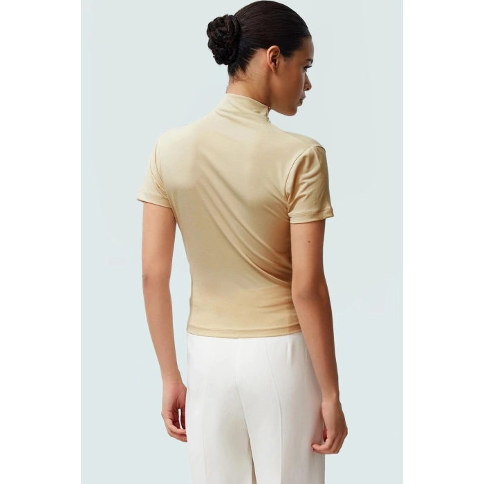 Polyester Elastan Örme Bluz Dik Yaka Fitted Kısa Kollu Yazlık Yüksek Kalite Rahat Kullanım