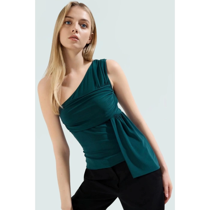 Polyester Elastan Yazlık Bluz Asimetrik Yaka Fitted Kalıp Regular Boy Özenle Seçilmiş