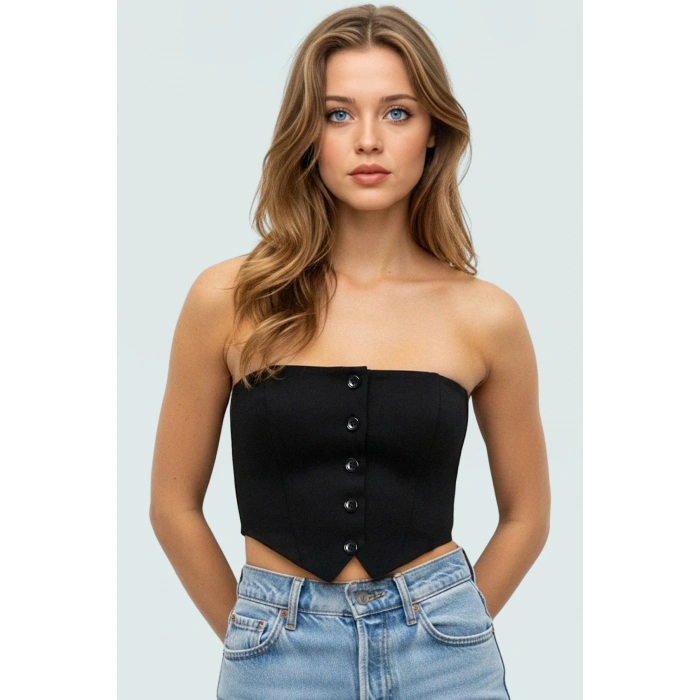 Polyester Karışımlı Straplez Fitted Crop Bluz Yazlık Şıklık Premium Kalite Kaliteli İşçilik
