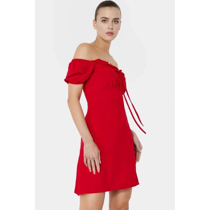 Polyester Krep Dokuma Mini Elbise Balon Kol A Line Kesim Kaliteli İşçilik