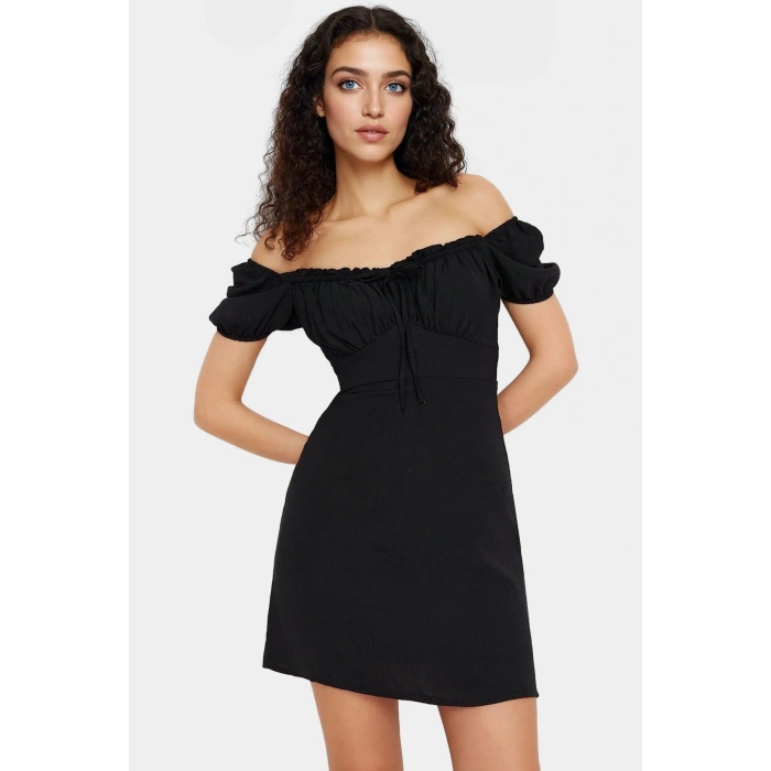 Polyester Krep Dokuma Mini Elbise Balon Kol A Line Kesim Kaliteli İşçilik