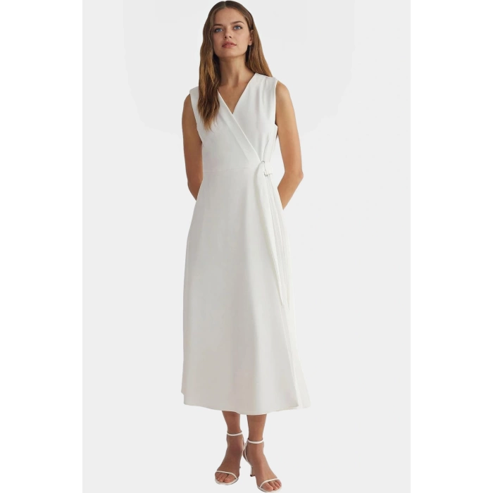 Polyester Midi Elbise A line Kesim Kolsuz Bel Detayı Finike Dokuma Dayanıklı Malzeme