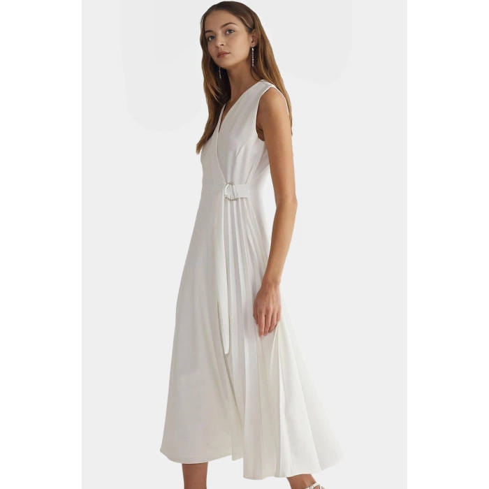 Polyester Midi Elbise A line Kesim Kolsuz Bel Detayı Finike Dokuma Dayanıklı Malzeme