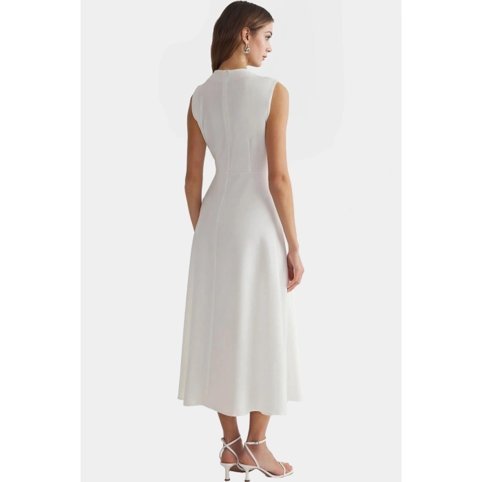 Polyester Midi Elbise A line Kesim Kolsuz Bel Detayı Finike Dokuma Dayanıklı Malzeme