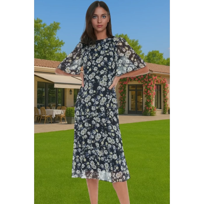 Polyester Midi Elbise Şifon Kumaş A Kesim Melek Kol Astarlı Zarifane Tasarım Trend Tasarım