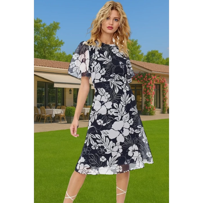 Polyester Midi Elbise Şifon Kumaş A Kesim Melek Kol Astarlı Zarifane Tasarım Trend Tasarım