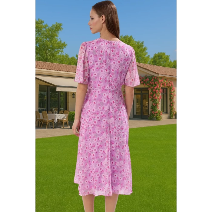 Polyester Midi Elbise Şifon Kumaş A Kesim Melek Kol Astarlı Zarifane Tasarım Trend Tasarım