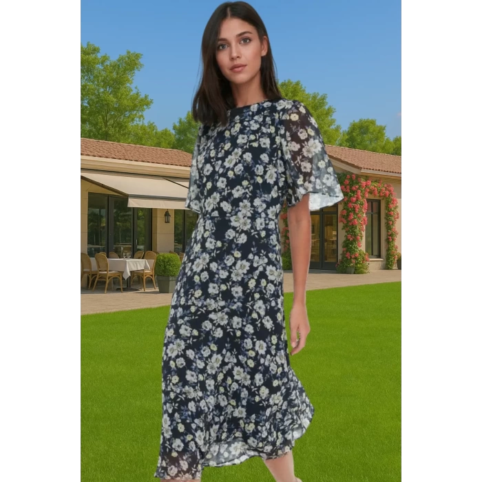 Polyester Midi Elbise Şifon Kumaş A Kesim Melek Kol Astarlı Zarifane Tasarım Trend Tasarım