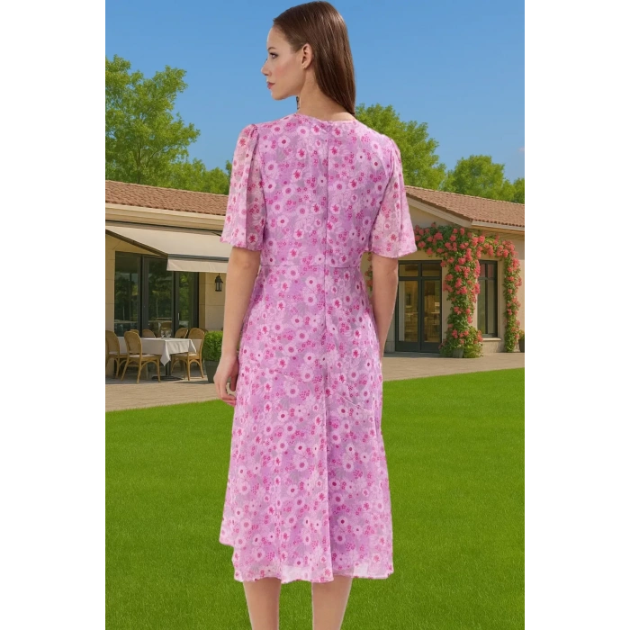 Polyester Midi Elbise Şifon Kumaş A Kesim Melek Kol Astarlı Zarifane Tasarım Trend Tasarım