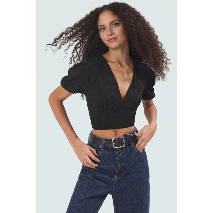 Polyester Örme Bluz Crop V Yaka Balon Kol Fitted Kalıp Özel Tasarım Rahat Ve Şık