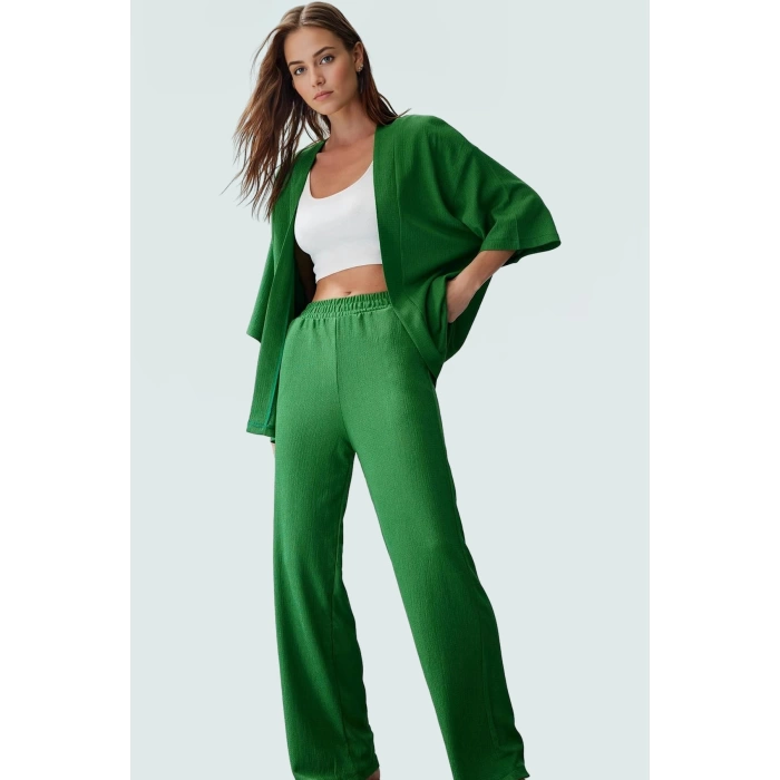 Polyester Örme Kadın Kimono Pantolon Takım Günlük Şıklık İçin Rahat Kullanım Seçkin Malzeme
