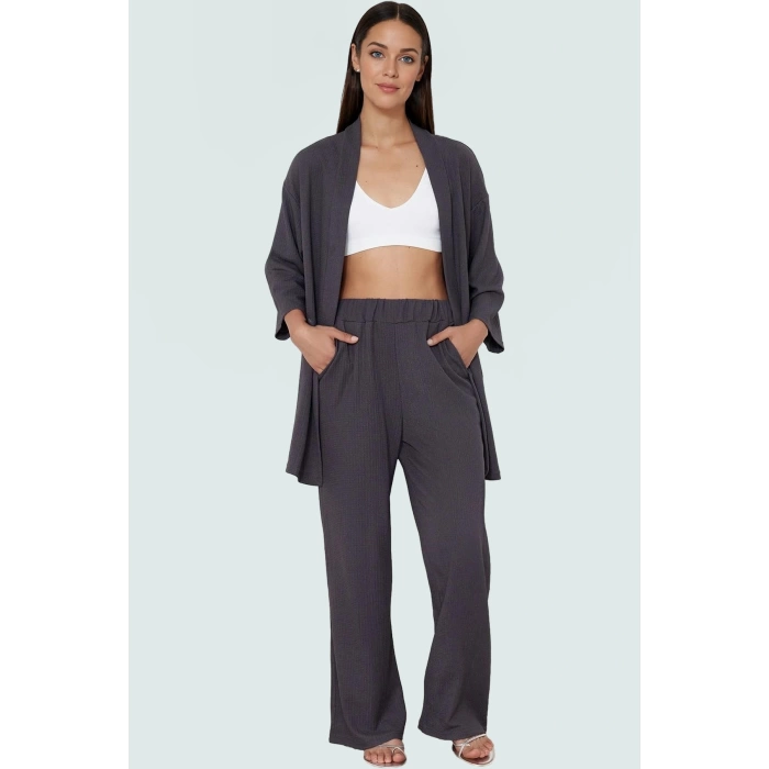 Polyester Örme Kadın Kimono Pantolon Takım Günlük Şıklık İçin Rahat Kullanım Seçkin Malzeme