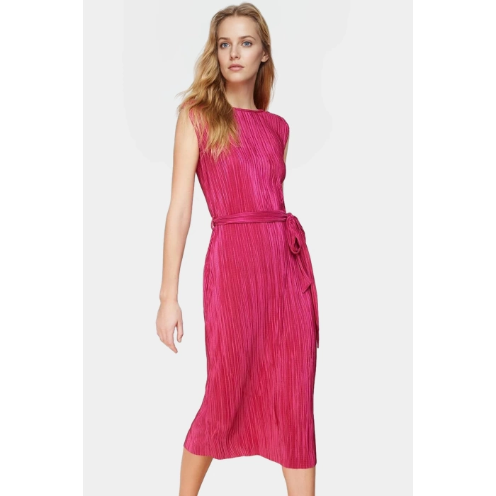 Polyester Örme Kumaş Midi Elbise Shift Kalıp Bisiklet Yaka Vatkalı Uzun Ömürlü