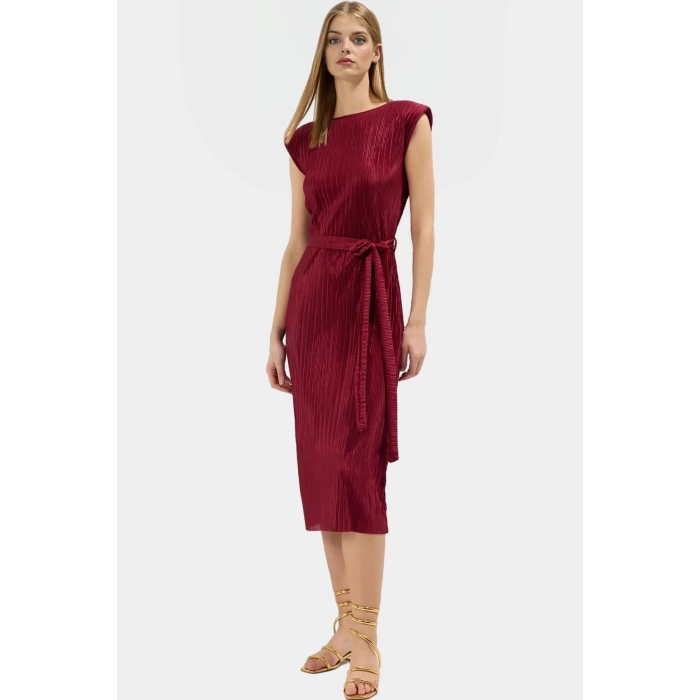 Polyester Örme Kumaş Midi Elbise Shift Kalıp Bisiklet Yaka Vatkalı Uzun Ömürlü