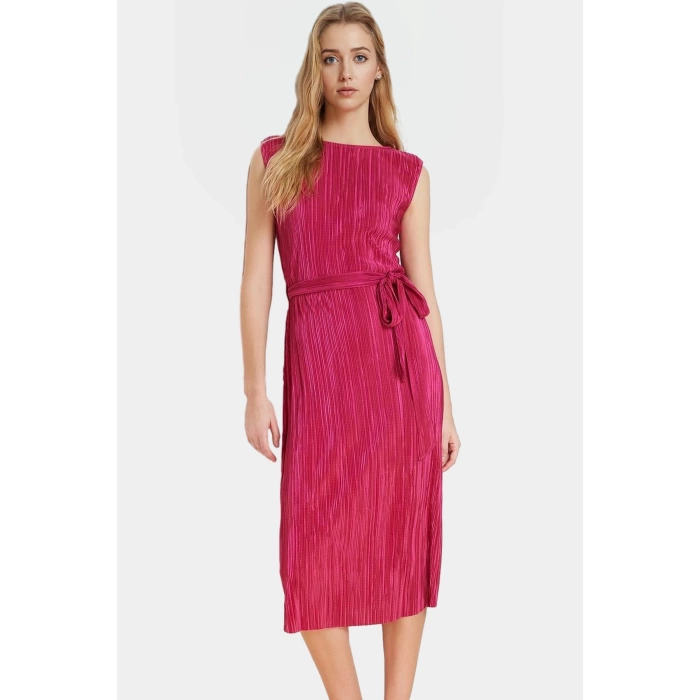 Polyester Örme Kumaş Midi Elbise Shift Kalıp Bisiklet Yaka Vatkalı Uzun Ömürlü