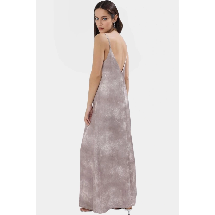 Polyester Saten Maxi Elbise Geniş Kesim V Yaka Soyut Desen Yazlık Modern Stil Seçkin Malzeme