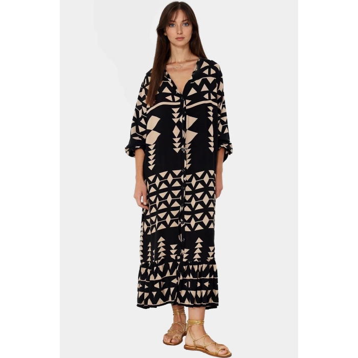 Polyester Shally Dokuma Elbise Midi Boy Truvakar Kol Geniş Kesim Modern Stil Seçkin Malzeme