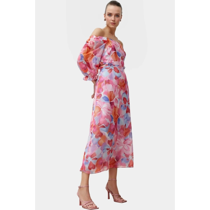 Polyester Şifon Maxi Elbise A line Truvakar Kol Çiçekli Kaliteli İşçilik Seçkin Malzeme