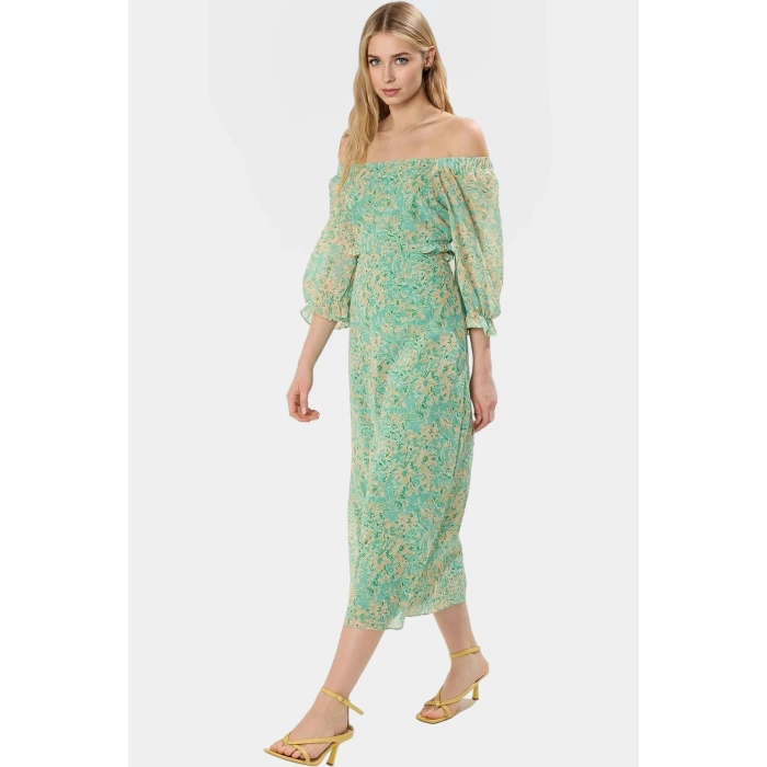 Polyester Şifon Maxi Elbise A line Truvakar Kol Çiçekli Kaliteli İşçilik Seçkin Malzeme