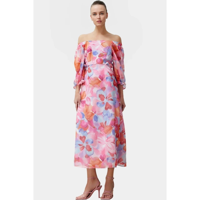 Polyester Şifon Maxi Elbise A line Truvakar Kol Çiçekli Kaliteli İşçilik Seçkin Malzeme