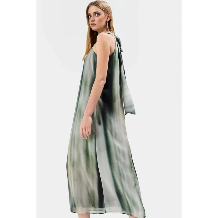 Polyester Şifon Maxi Elbise Dik Yaka Kolsuz Soyut Desen Boy Relaxed Fit Mükemmel Uyum
