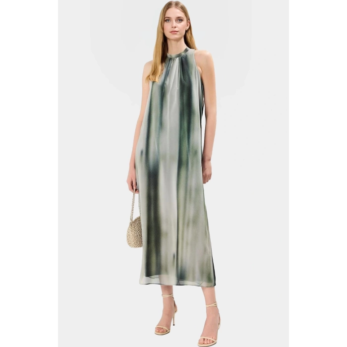 Polyester Şifon Maxi Elbise Dik Yaka Kolsuz Soyut Desen Boy Relaxed Fit Mükemmel Uyum