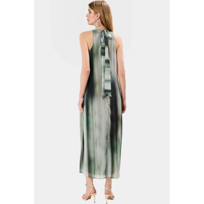 Polyester Şifon Maxi Elbise Dik Yaka Kolsuz Soyut Desen Boy Relaxed Fit Mükemmel Uyum
