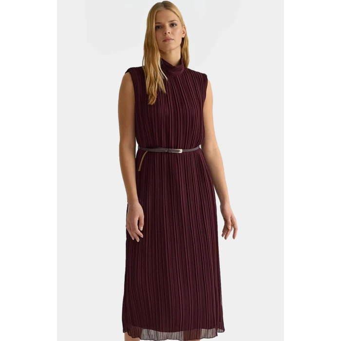 Polyester Şifon Midi Elbise Düz Kesim Piliseli Kemer Detayı Dayanıklı Malzeme Rahat Ve Şık
