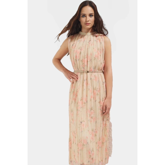 Polyester Şifon Midi Elbise Düz Kesim Piliseli Kemer Detayı Dayanıklı Malzeme Rahat Ve Şık
