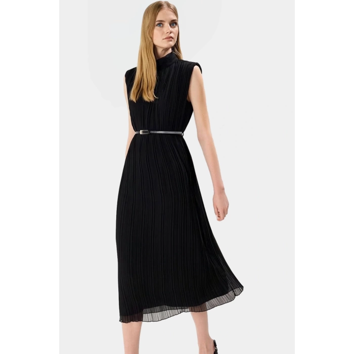 Polyester Şifon Midi Elbise Düz Kesim Piliseli Kemer Detayı Dayanıklı Malzeme Rahat Ve Şık
