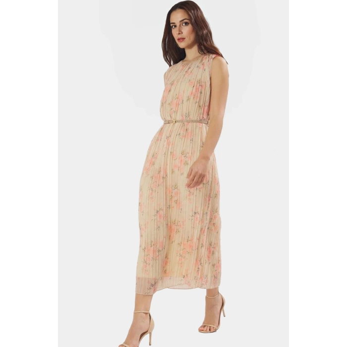 Polyester Şifon Midi Elbise Düz Kesim Piliseli Kemer Detayı Dayanıklı Malzeme Rahat Ve Şık