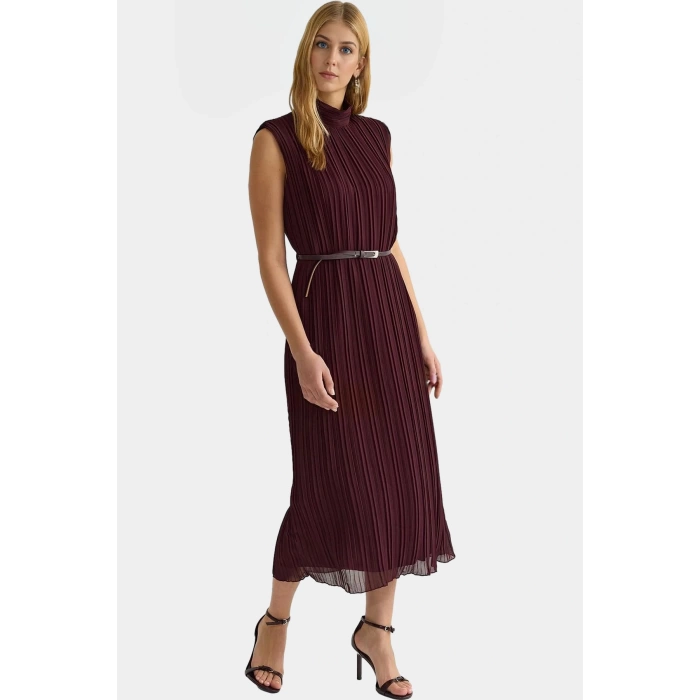 Polyester Şifon Midi Elbise Düz Kesim Piliseli Kemer Detayı Dayanıklı Malzeme Rahat Ve Şık