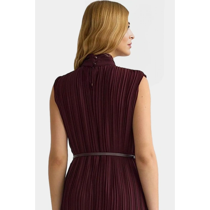 Polyester Şifon Midi Elbise Düz Kesim Piliseli Kemer Detayı Dayanıklı Malzeme Rahat Ve Şık
