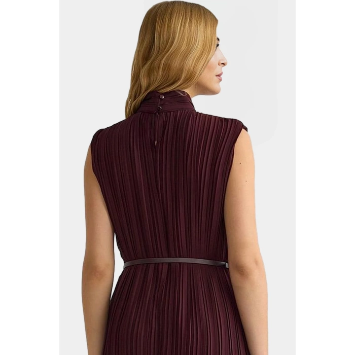 Polyester Şifon Midi Elbise Düz Kesim Piliseli Kemer Detayı Dayanıklı Malzeme Rahat Ve Şık
