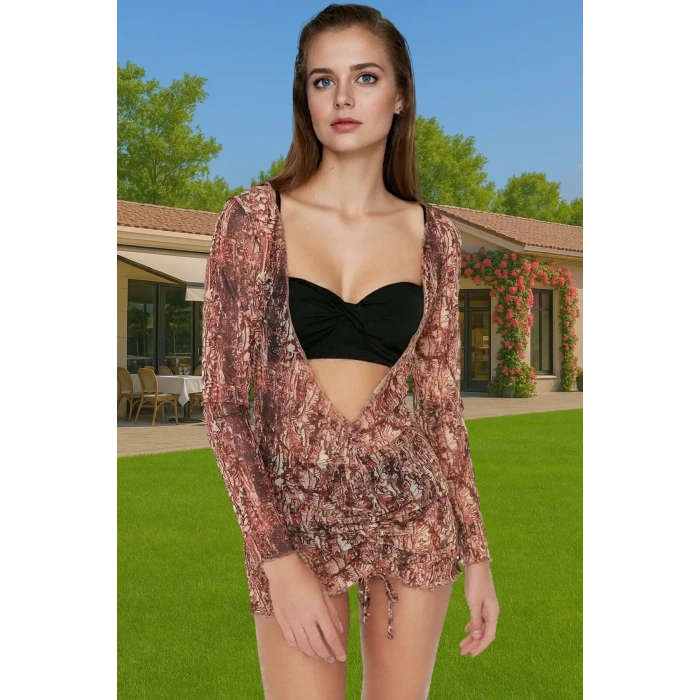Polyester Şifon Mini Elbise Vücut Saran Büzgülü Desenli Yazlık Dayanıklı Malzeme Premium Kalite
