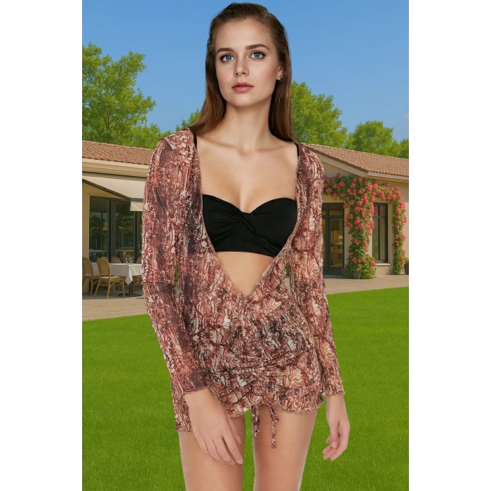 Polyester Şifon Mini Elbise Vücut Saran Büzgülü Desenli Yazlık Dayanıklı Malzeme Premium Kalite