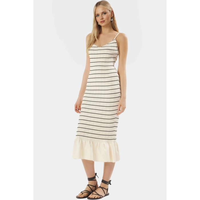 Polyester Triko Midi Elbise V Yaka Çizgili Desen Bodycon Yazlık Profesyonel Görünüm